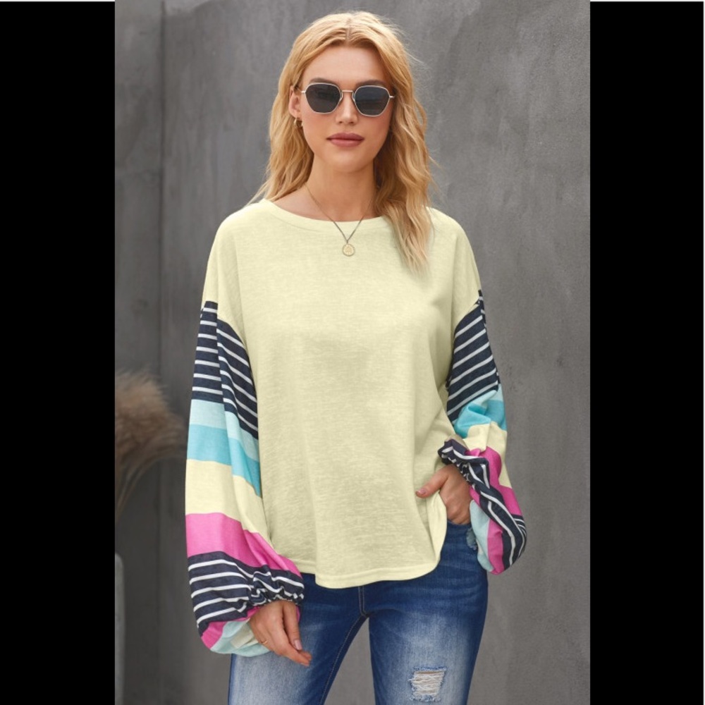 Casual Loose Knitted Pullover Striped Colorblock Bishop Sleeves Shirt/ Blouse